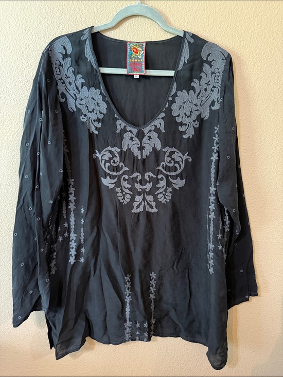 Johnny Was Tops - Johnny Was Boho Embroidered Black V-Neck Women's Top
